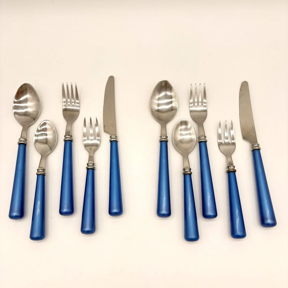 Vintage Cobalt Blue Handle Flatware 2 Place Settings 10 Pc Silverware Set